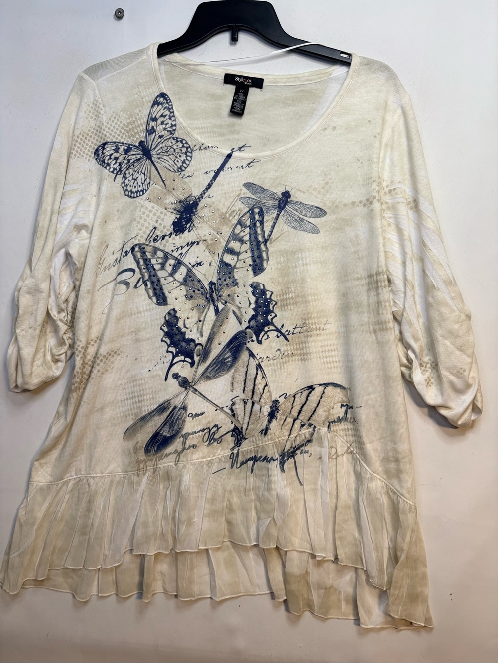 Style & Co. Cream Tunic Top with Butterfly & Dragonfly Print 3x